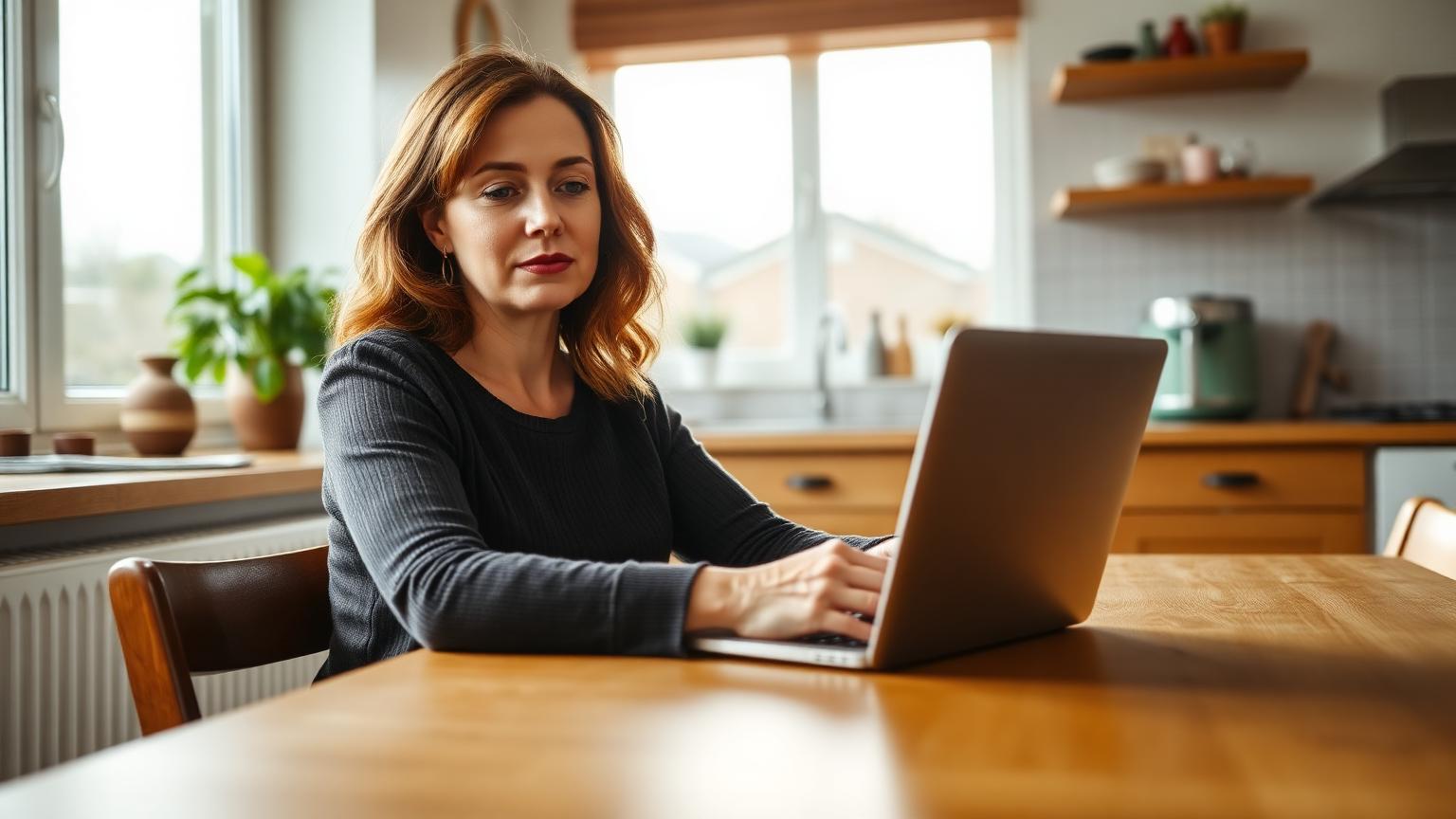 Vrouw bekijkt rustig haar bankzaken aan de keukentafel