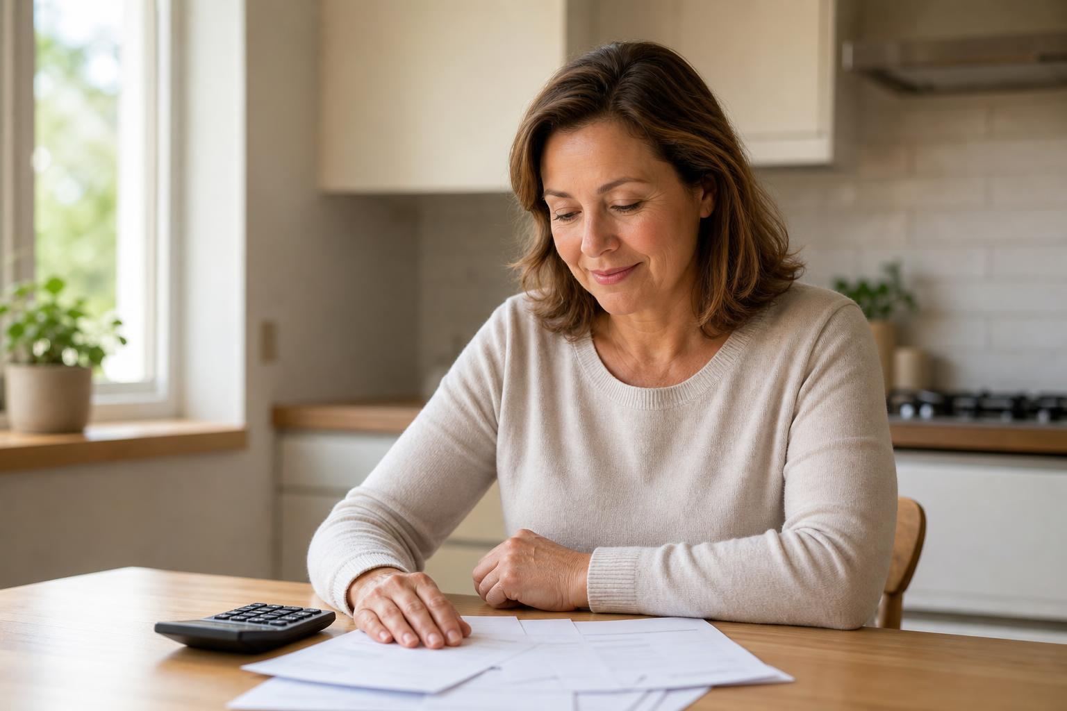 Vrouw bekijkt rustig haar inkomen en papieren aan de keukentafel