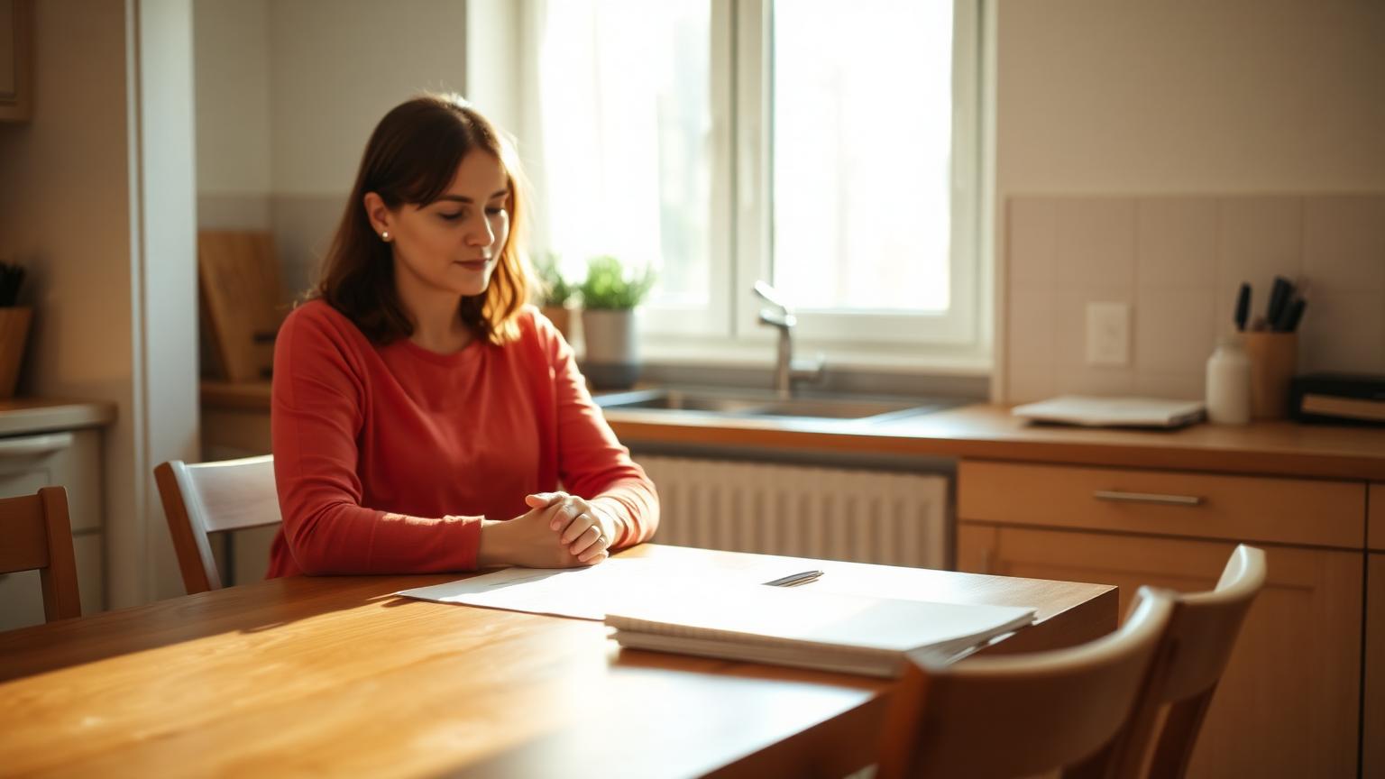 Vrouw bekijkt rustig haar financiële papieren aan de keukentafel