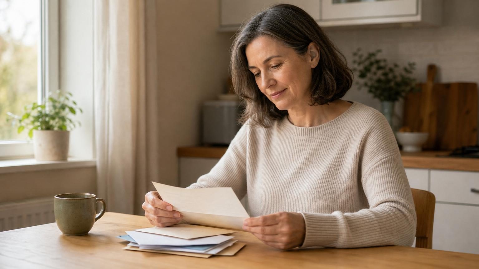 Persoon aan de keukentafel die rustig de post over schulden ordent