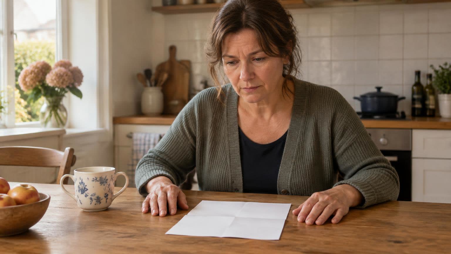 Vrouw aan de keukentafel die een brief van de deurwaarder over conservatoir beslag leest