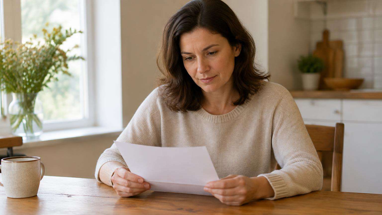 Vrouw aan de keukentafel leest rustig een officiële brief van de deurwaarder