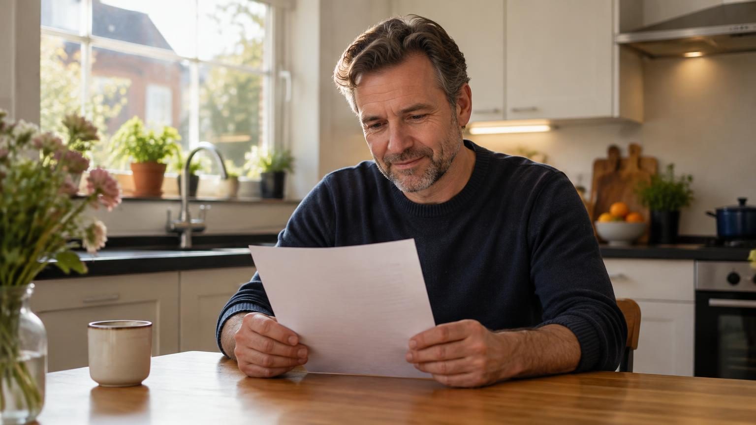 Man aan de keukentafel leest rustig een brief van de deurwaarder over derdenbeslag