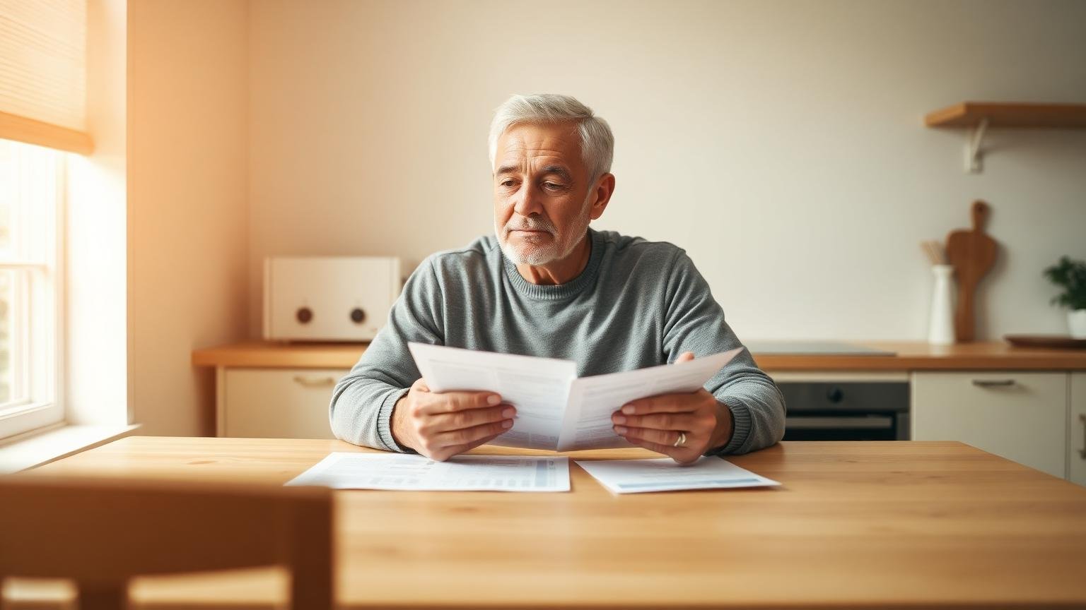 Persoon bekijkt rustig financiële papieren aan de keukentafel bij daglicht