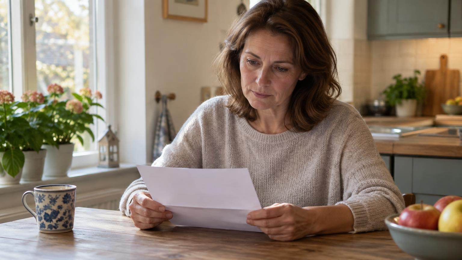 Vrouw aan de keukentafel leest een officiële brief over een dwangbevel