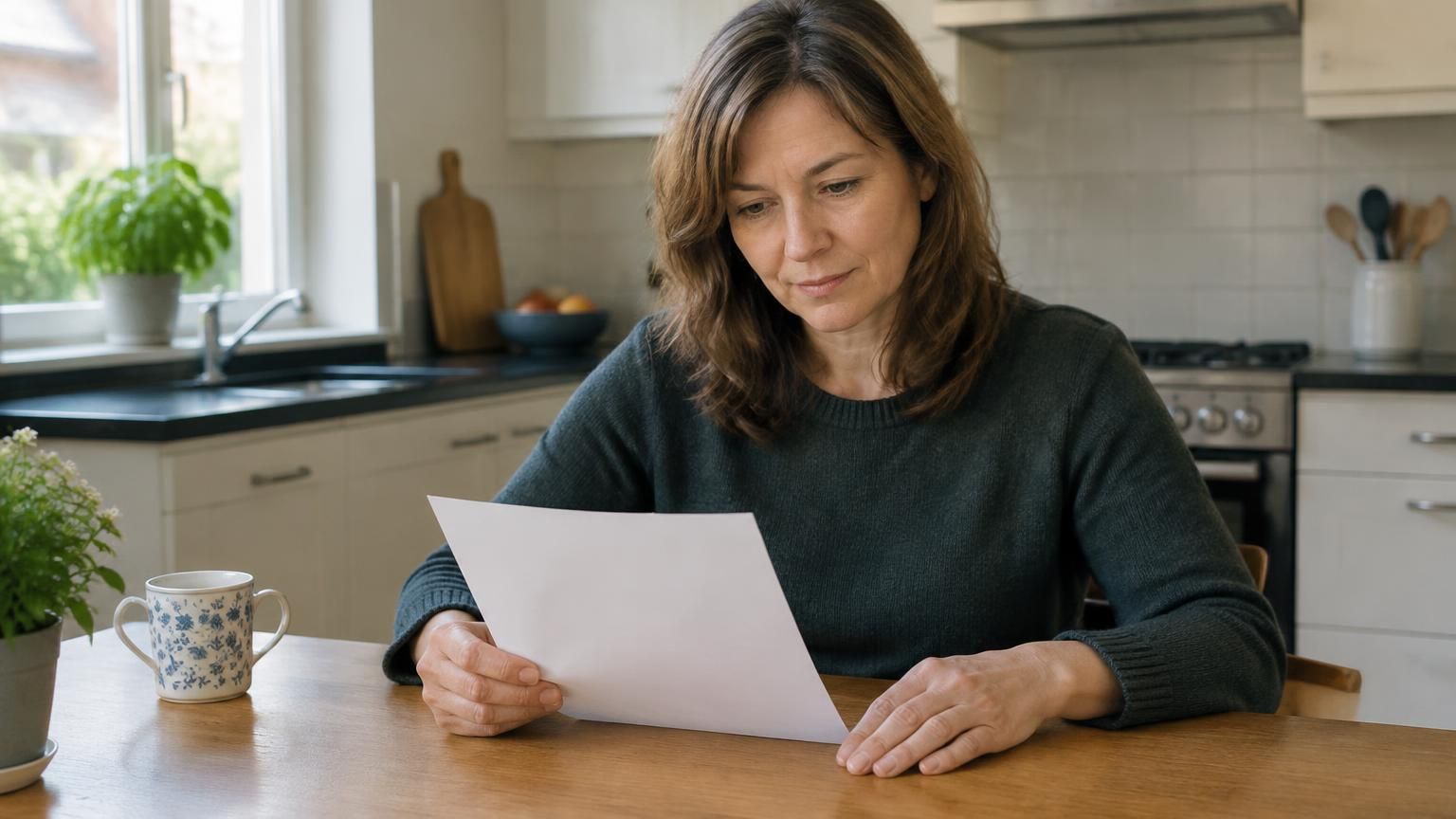 Vrouw aan de keukentafel leest een brief van de deurwaarder over een executoriale verkoop
