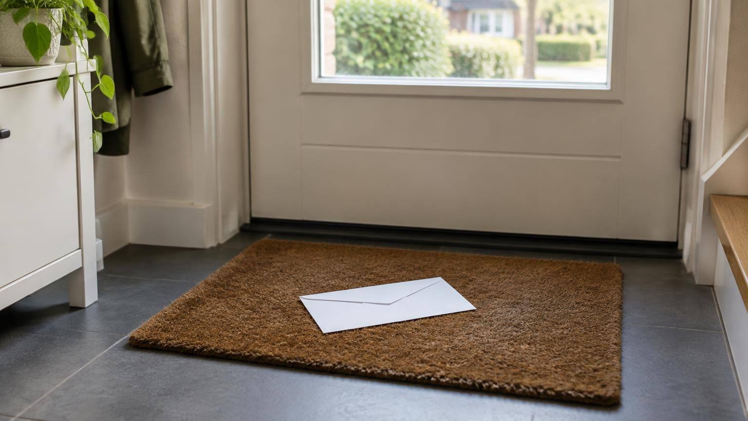 Gesloten envelop op de deurmat in een lichte gang