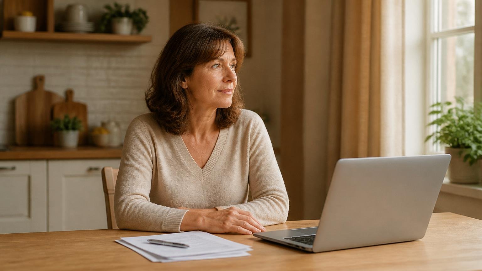 Vrouw aan de keukentafel bekijkt rustig haar financiën met een laptop en documenten