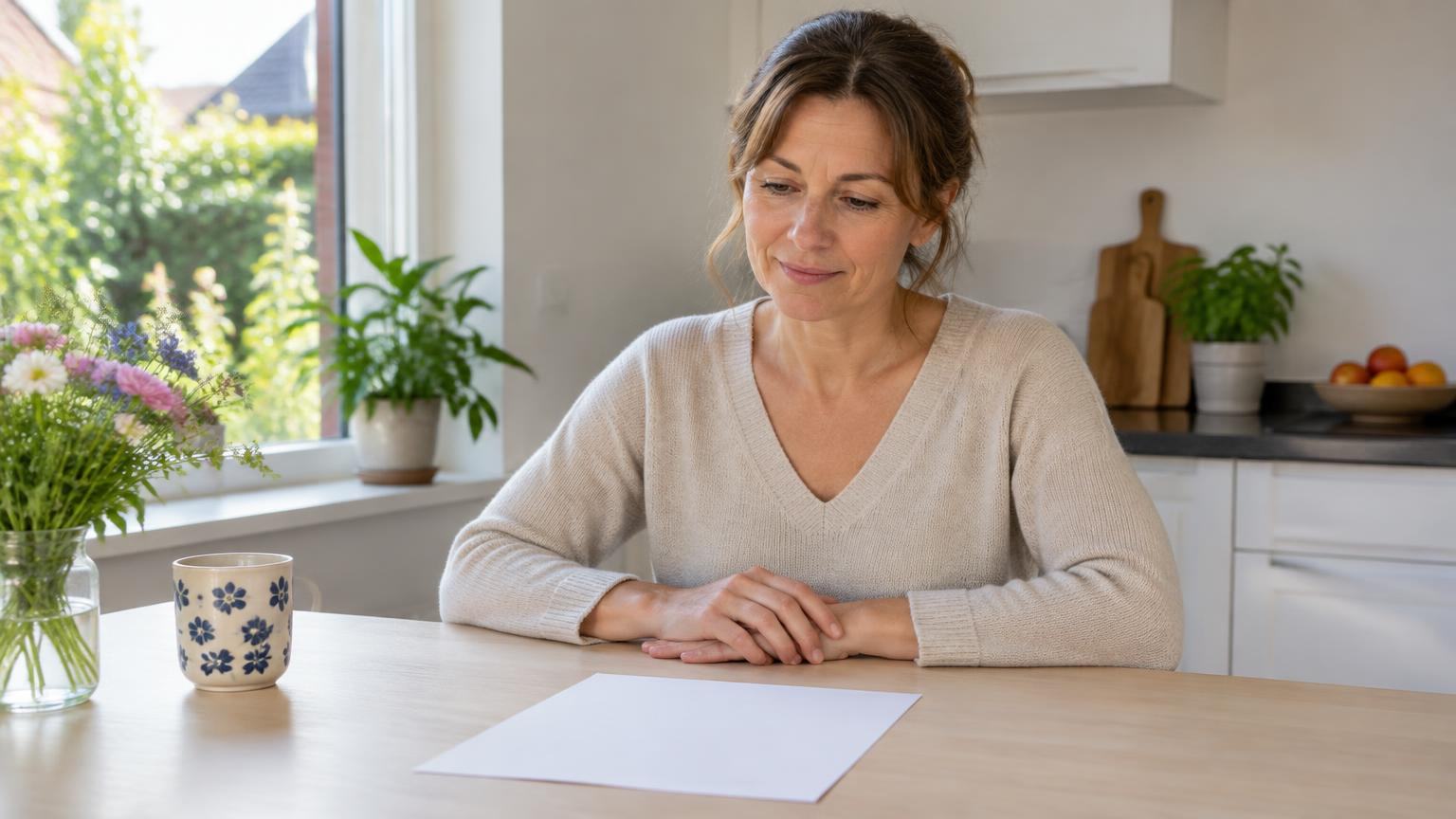 Vrouw aan de keukentafel bekijkt rustig een aanslag gemeentelijke belastingen