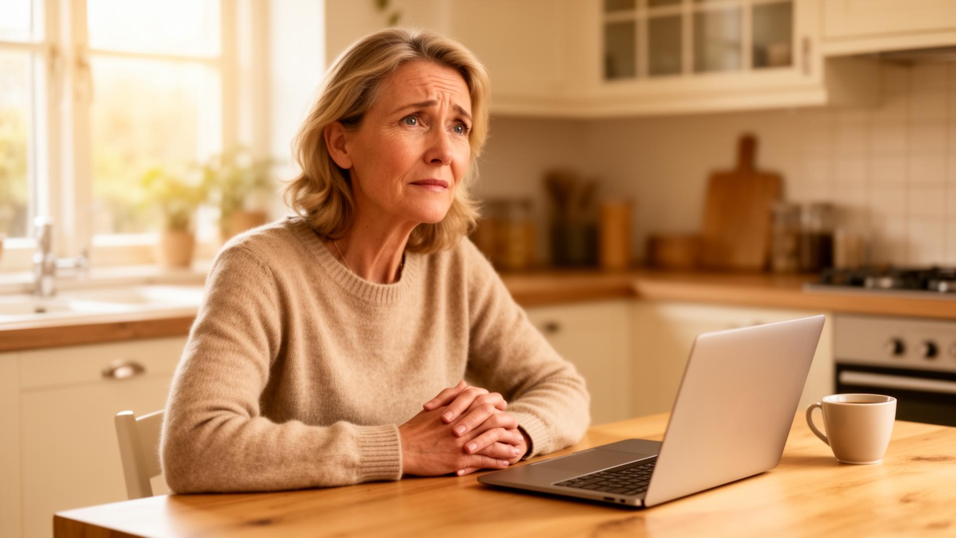 Vrouw bekijkt rustig haar post en laptop aan de keukentafel dankzij de landelijke pauzeknop
