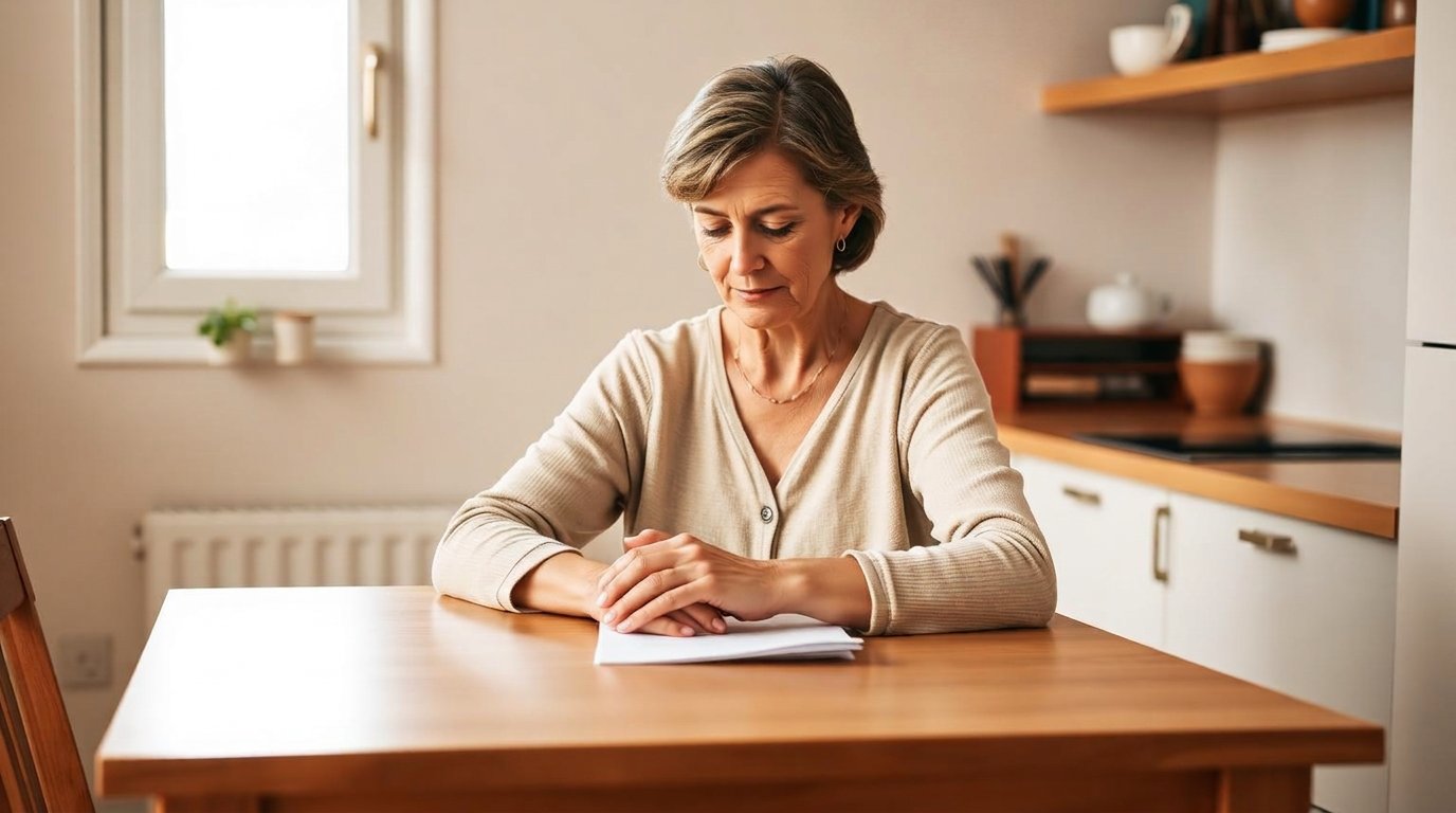 Vrouw bekijkt rustig haar leningoverzicht en administratie aan de keukentafel