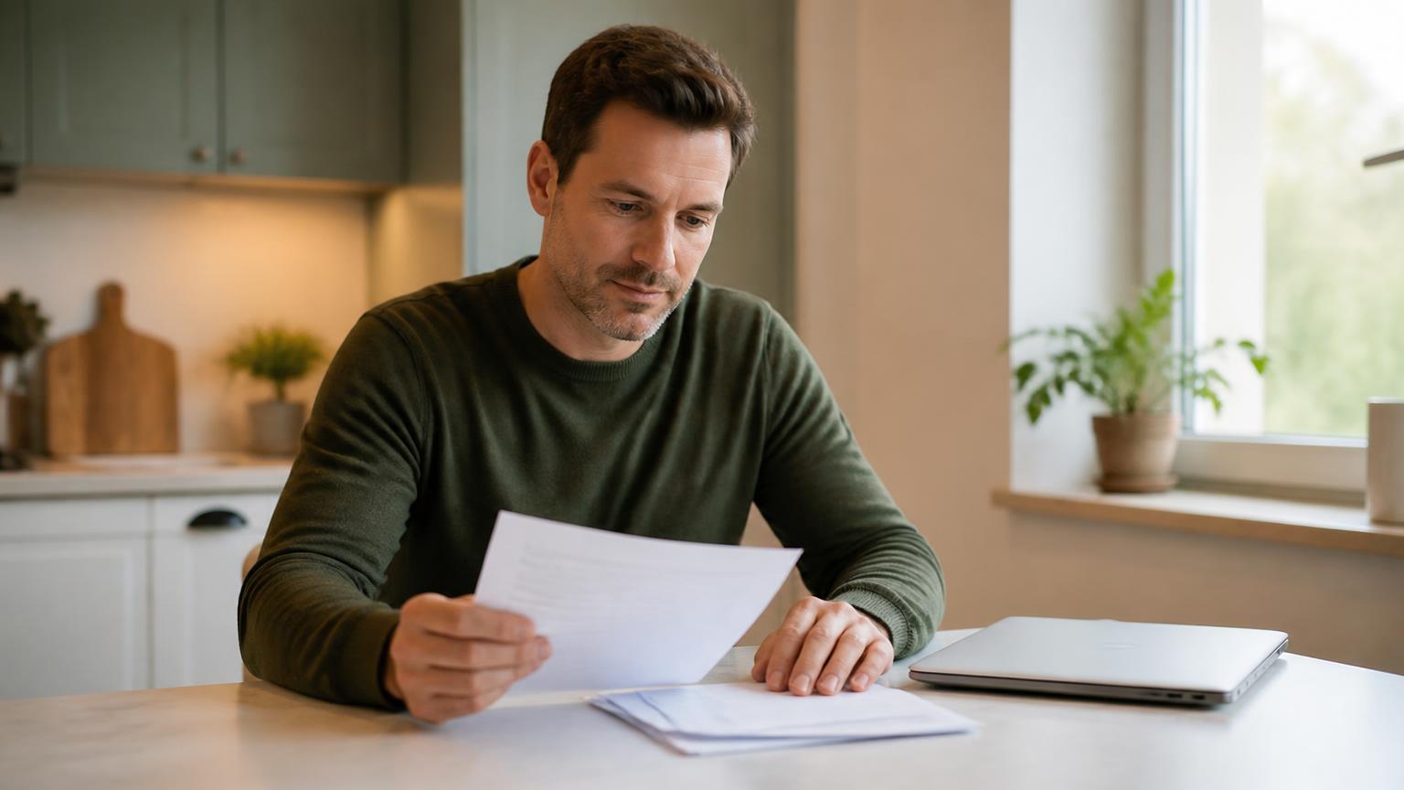 Persoon bekijkt thuis rustig een salarisstrook en post aan de keukentafel