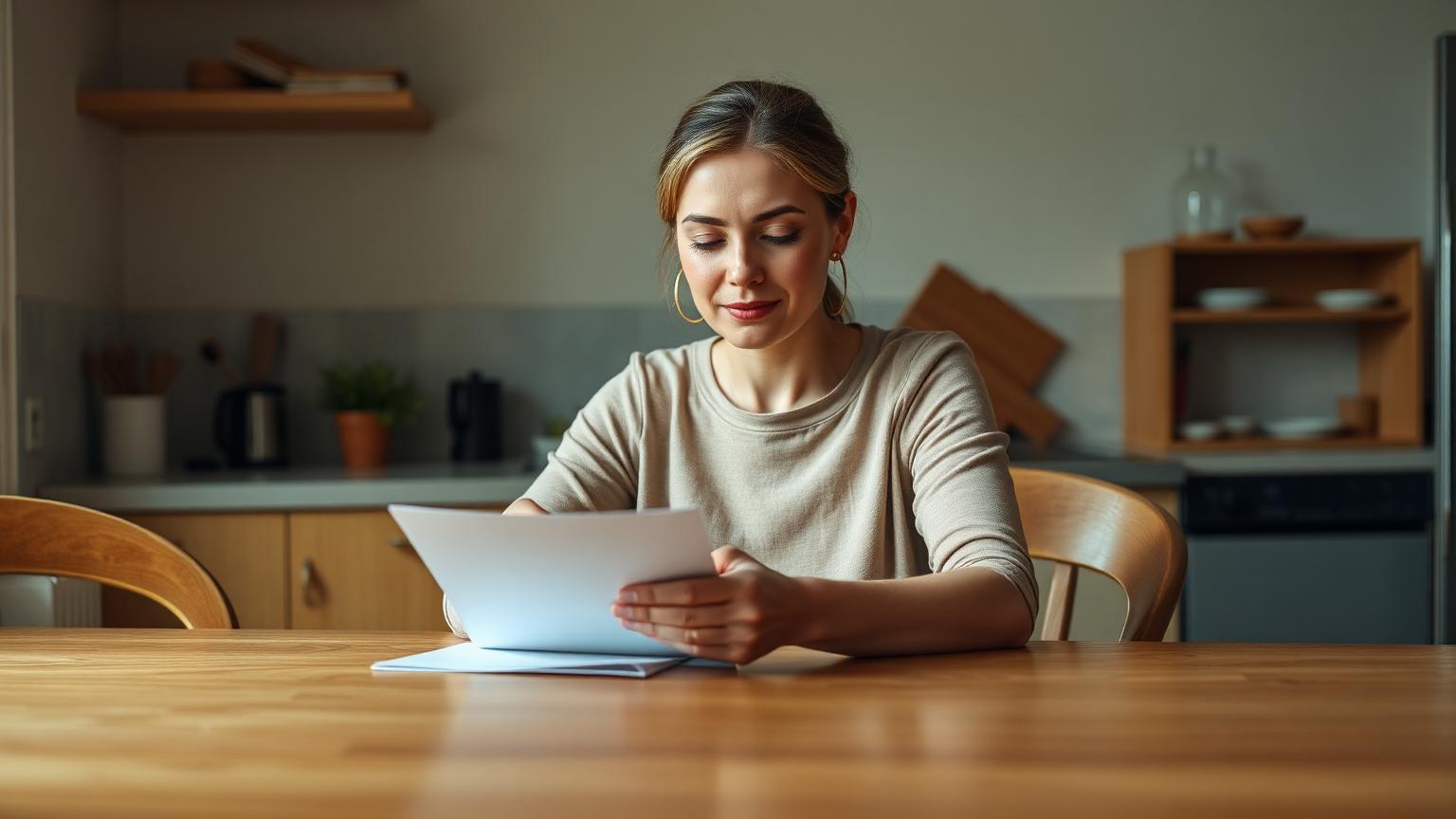 Vrouw aan de keukentafel bekijkt rustig haar financiële papieren