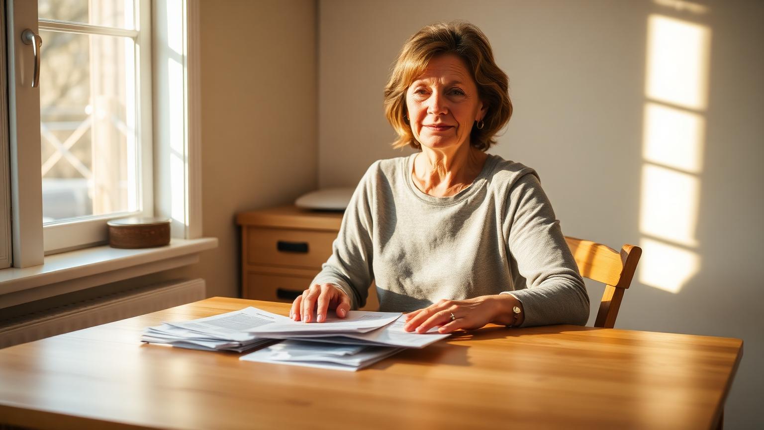Vrouw aan de keukentafel die rustig haar rekeningen en post ordent