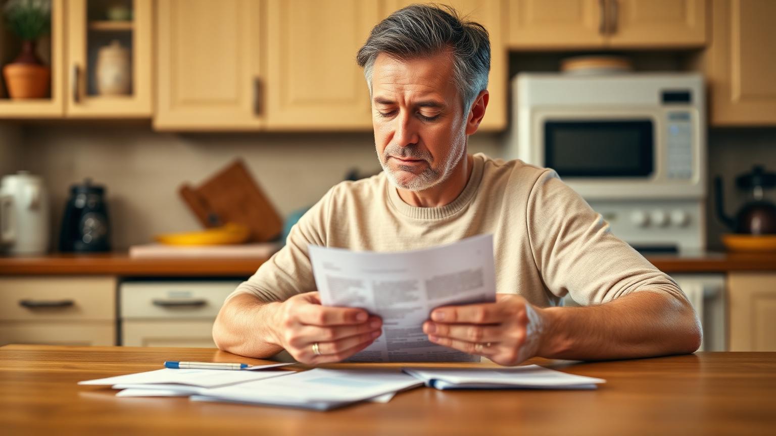 Persoon bekijkt rustig financiële post aan de keukentafel bij daglicht