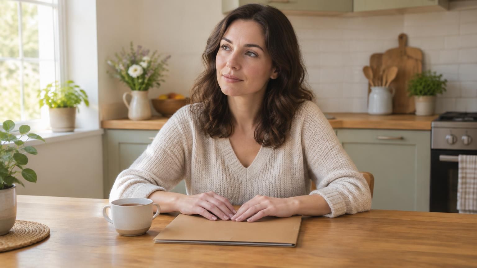 Vrouw aan de keukentafel die rustig haar geldzaken op een rij zet