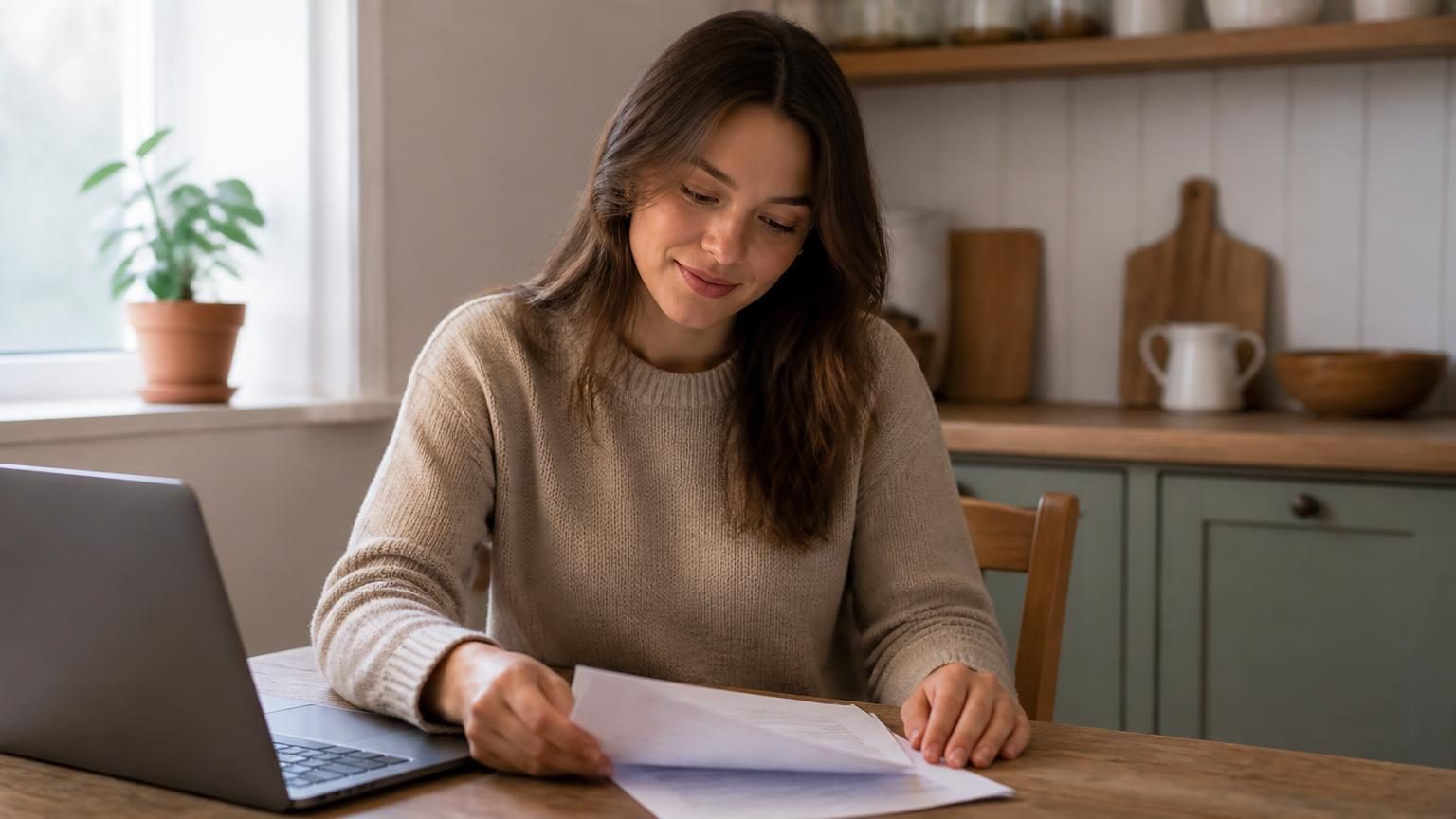 Jonge vrouw bekijkt rustig haar studieschuld en maandbedrag aan de keukentafel