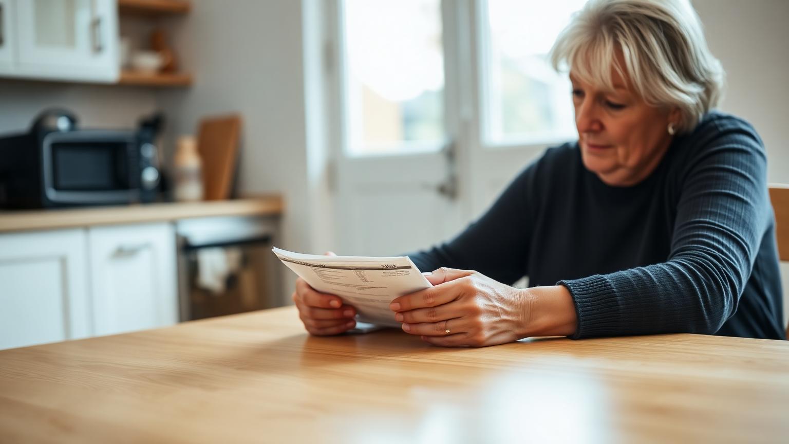 Vrouw bekijkt rustig haar rekeningen en post aan de keukentafel