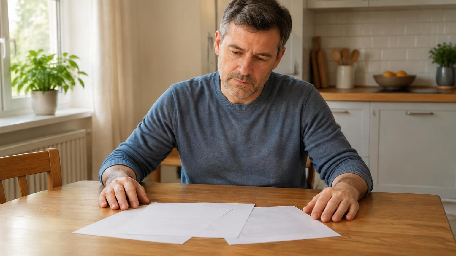 Man aan de keukentafel bekijkt rustig zijn papieren over de wettelijke schuldsanering